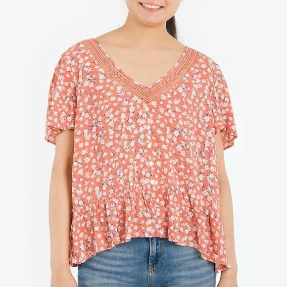 Hippie Rose Tops - JR238 Hippie Rose Melon Spice Juniors' Floral Lace-Trim Peplum Top Size M